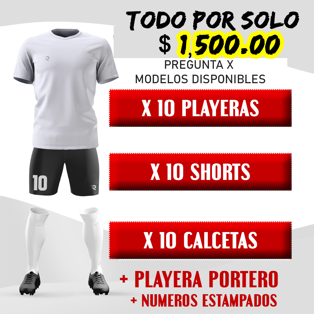 KIT de 10 Uniformes (COMPRA MINIMA 10 UNIFORMES) (PLAYERA DE PORTERO GRATIS)